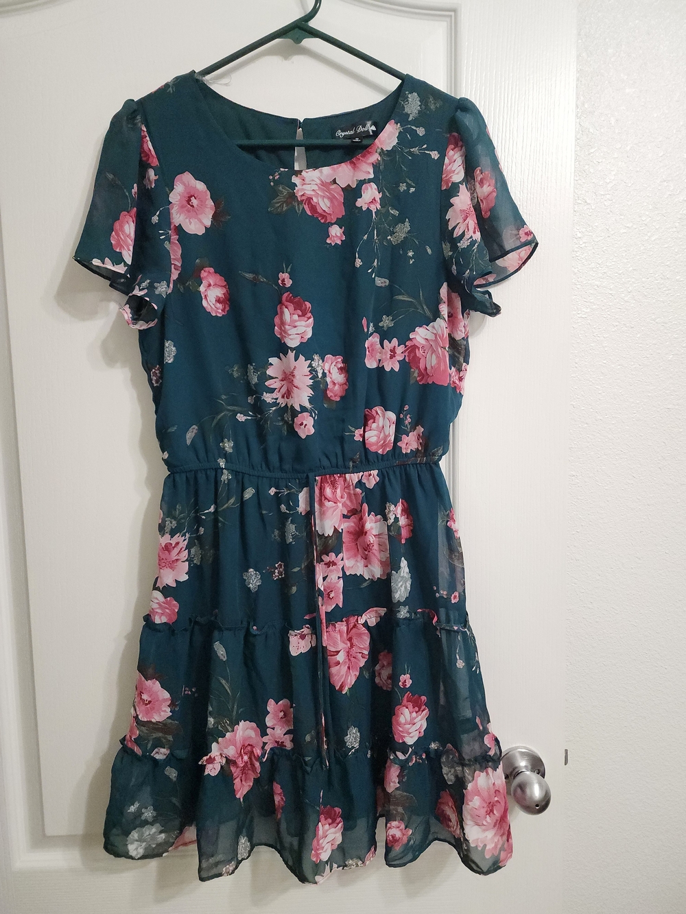 Crystal Doll Romamtic Floral Mini Dress In Green And Pink Flowers